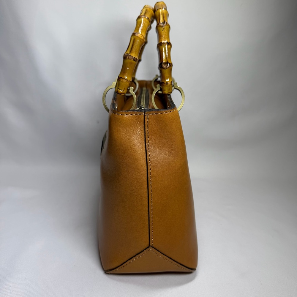 Patricia Nash Leather Satchel Bamboo Top Double Handles Firm Cognac Brown SEE - Picture 5 of 16